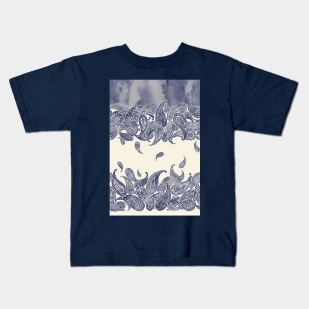 Monochrome Paisley Rain in Blue and Cream Kids T-Shirt by micklyn